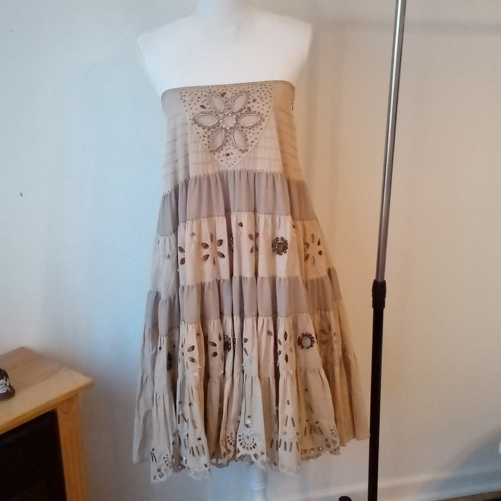 Sugar Lips halter top flared bohemian dress with hand sewn embellishments